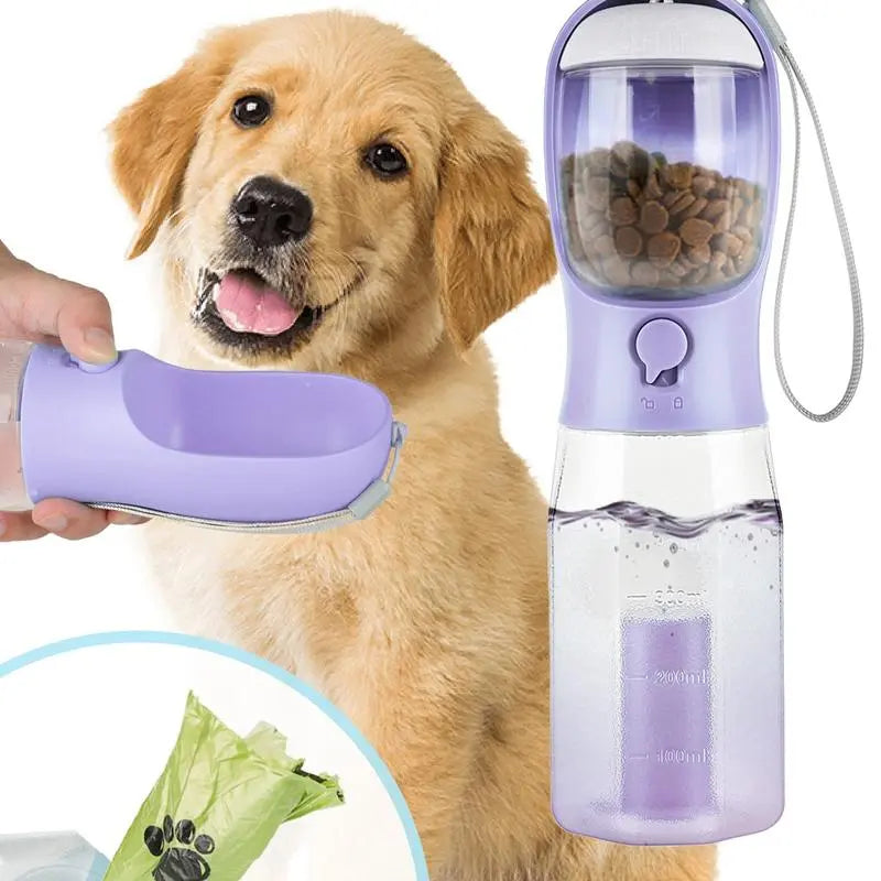 Ultimate 3-in-1 Portable Water Bottle for Dogs - Travel Bowl, Food Container & Poop Bag Holder - Perfect for Outdoor Adventures - 20Oz Blue