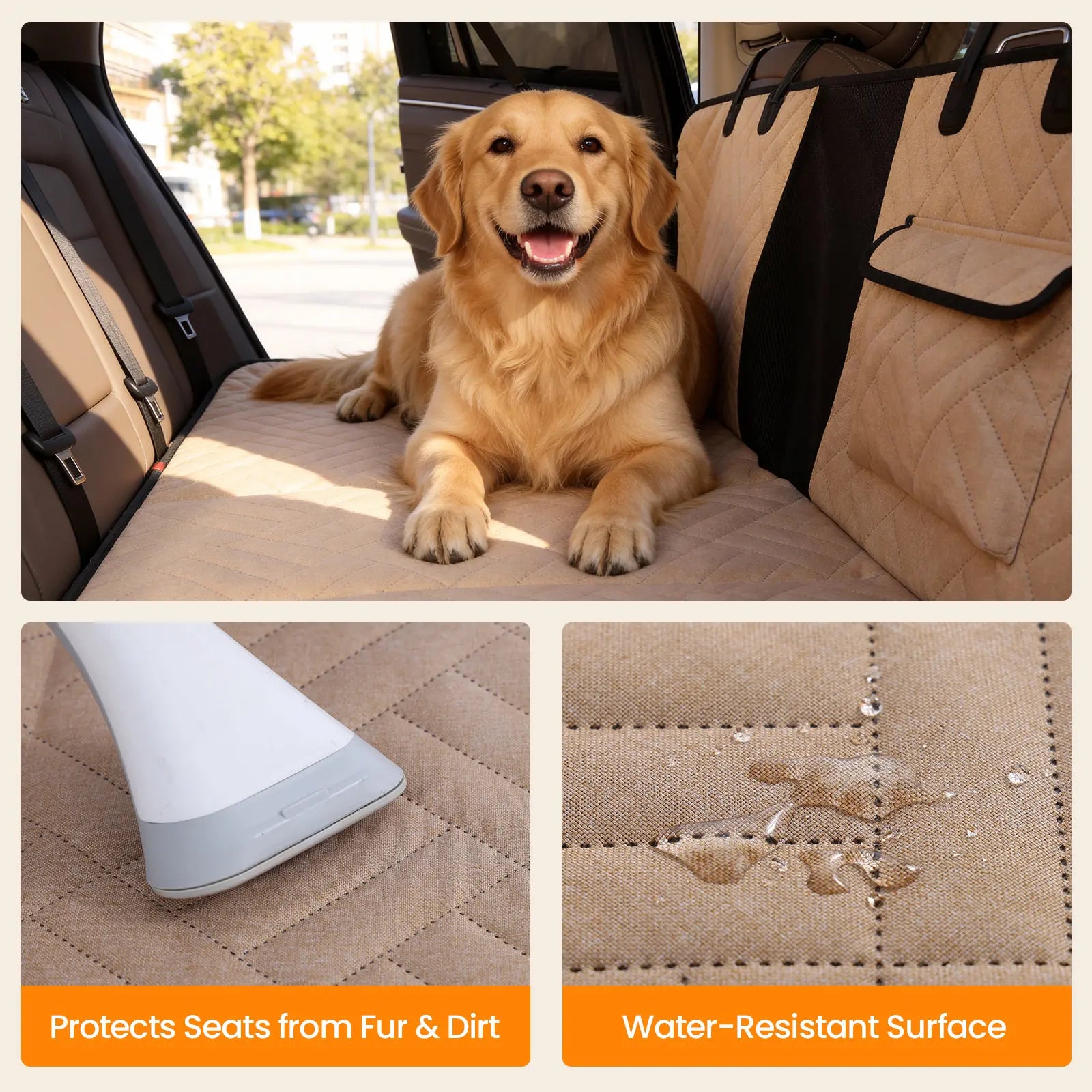 VALUXE Waterproof Dog Car Seat Cover for Large Dogs - Foldable Back Seat Protector in Beige/Black - Perfect for Summer Adventures!