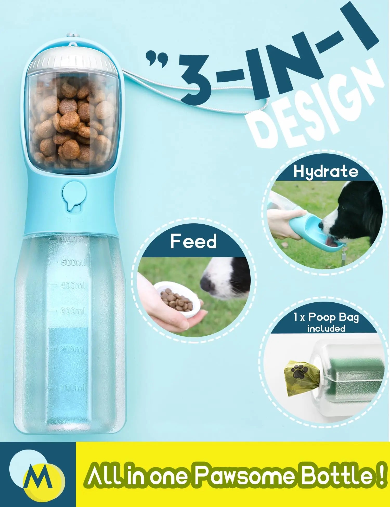 Ultimate 3-in-1 Portable Water Bottle for Dogs - Travel Bowl, Food Container & Poop Bag Holder - Perfect for Outdoor Adventures - 20Oz Blue