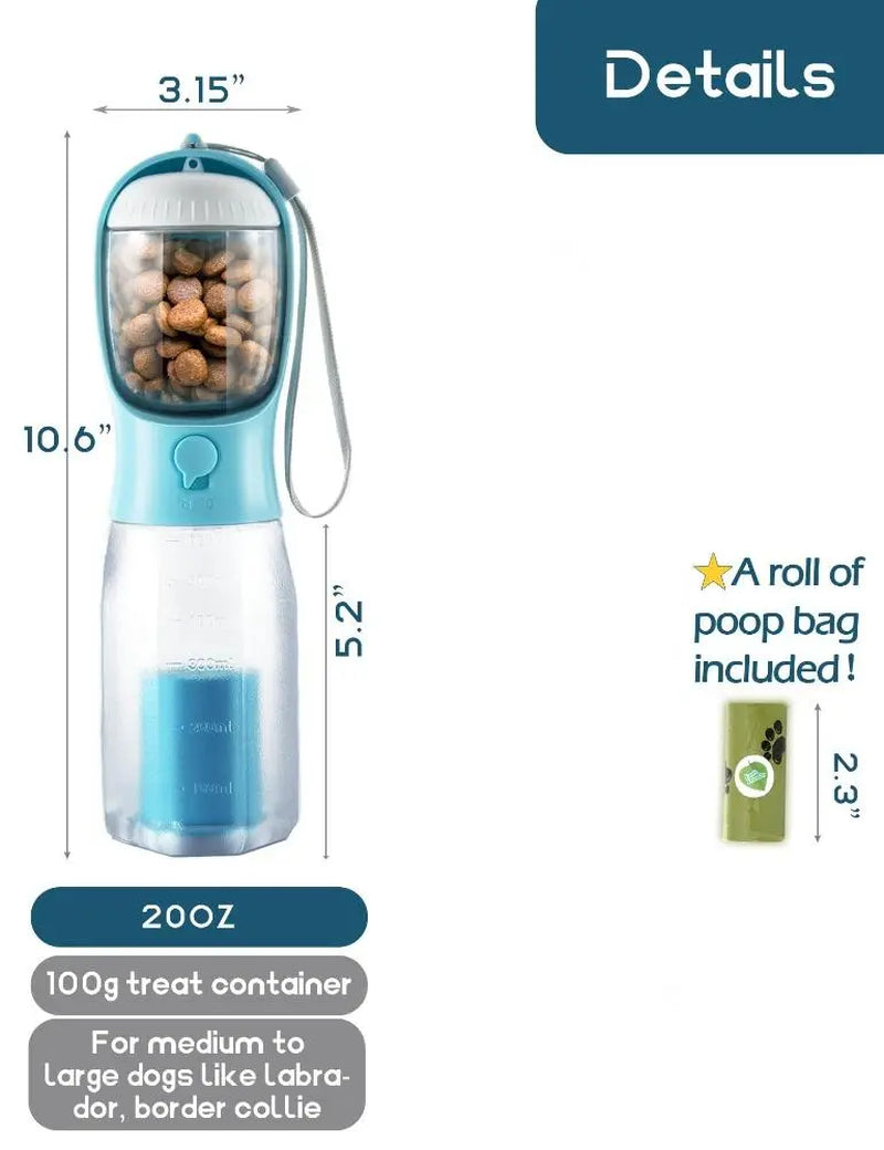 Ultimate 3-in-1 Portable Water Bottle for Dogs - Travel Bowl, Food Container & Poop Bag Holder - Perfect for Outdoor Adventures - 20Oz Blue