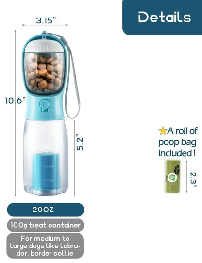 Ultimate 3-in-1 Portable Water Bottle for Dogs - Travel Bowl, Food Container & Poop Bag Holder - Perfect for Outdoor Adventures - 20Oz Blue