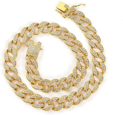 Sparkling Gold Rhinestone Dog Chain Collar - Bling Metal Cuban Link Necklace for Small to Large Pets