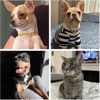 Sparkling Gold Rhinestone Dog Chain Collar - Bling Metal Cuban Link Necklace for Small to Large Pets