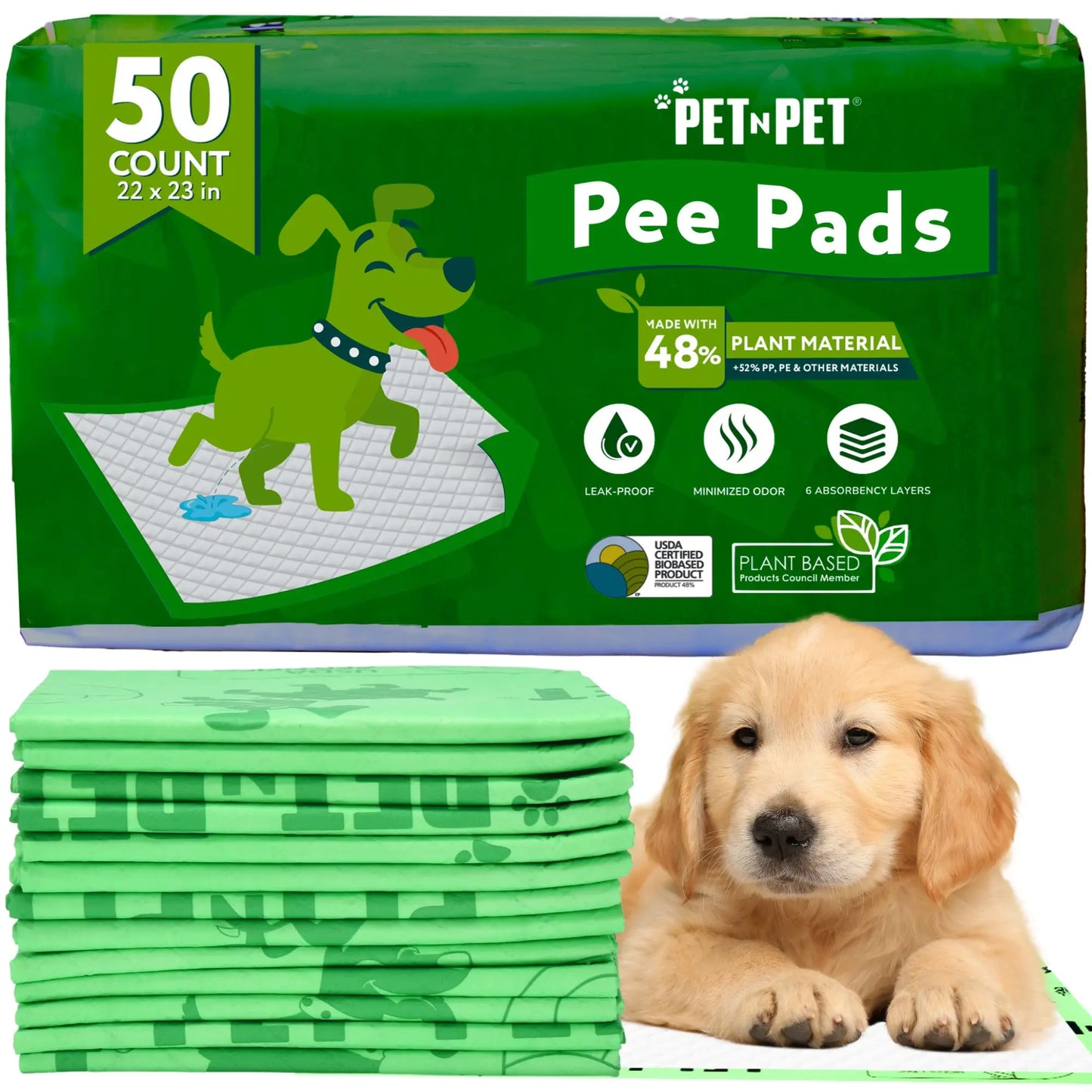 Pet N Pet 50 Count Puppy Training Pads - Eco-Friendly, Super Absorbent & Leak-Proof Unscented Pads for Easy Potty Training