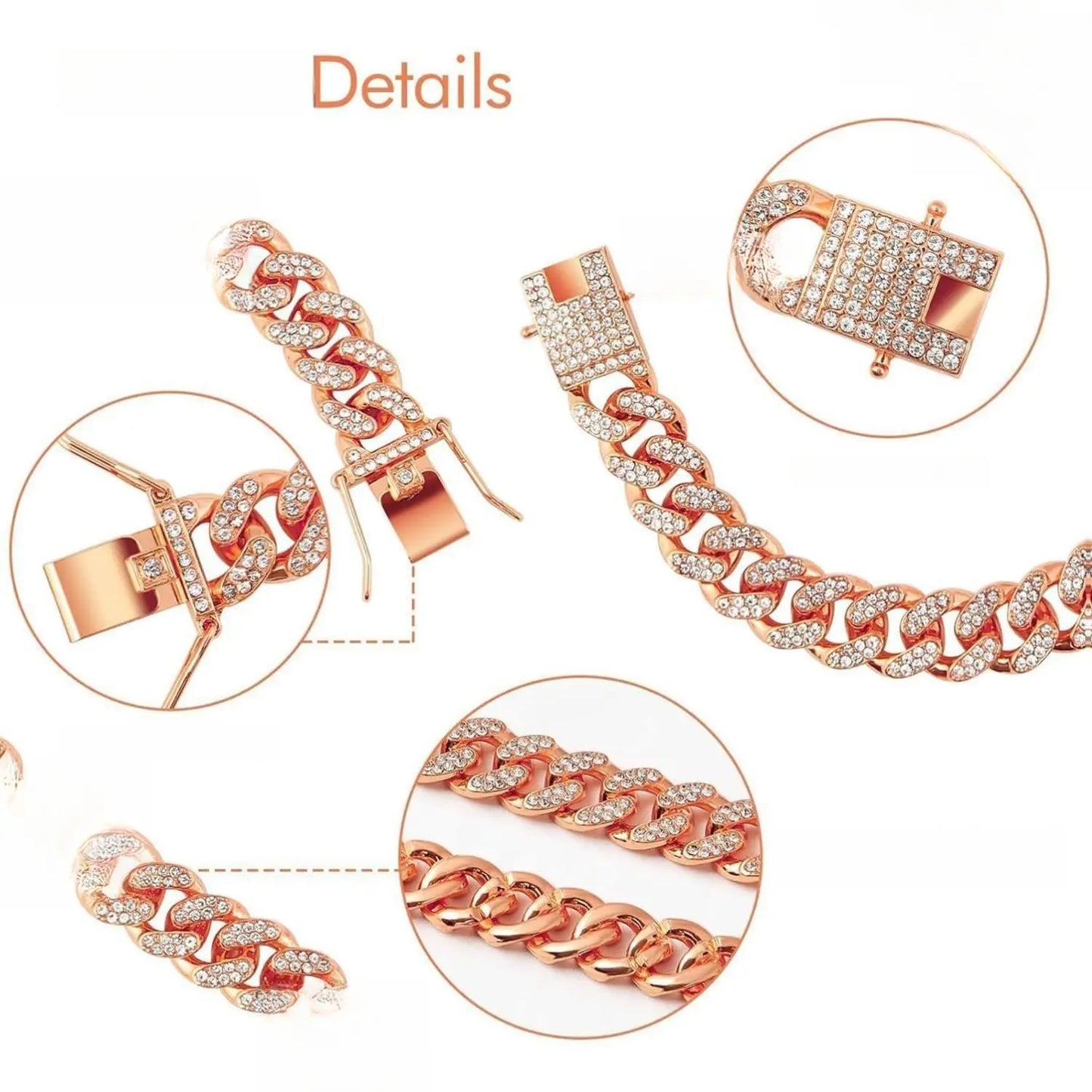 Sparkling Gold Rhinestone Dog Chain Collar - Bling Metal Cuban Link Necklace for Small to Large Pets