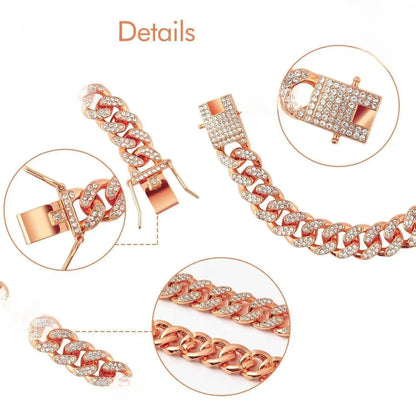 Sparkling Gold Rhinestone Dog Chain Collar - Bling Metal Cuban Link Necklace for Small to Large Pets