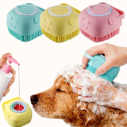Silicone Pet Grooming Brush - 1-Step Bath Soap Dispensing Massage Brush for Dogs & Cats - Soft Bristles, Universal Fit, Essential Shower Accessory