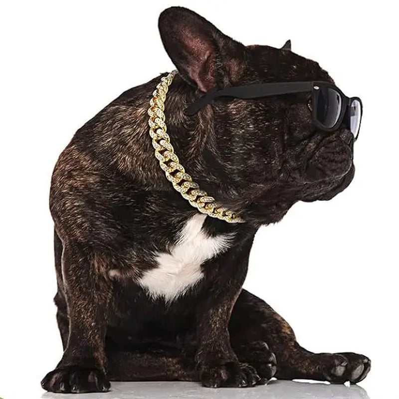 Sparkling Gold Rhinestone Dog Chain Collar - Bling Metal Cuban Link Necklace for Small to Large Pets
