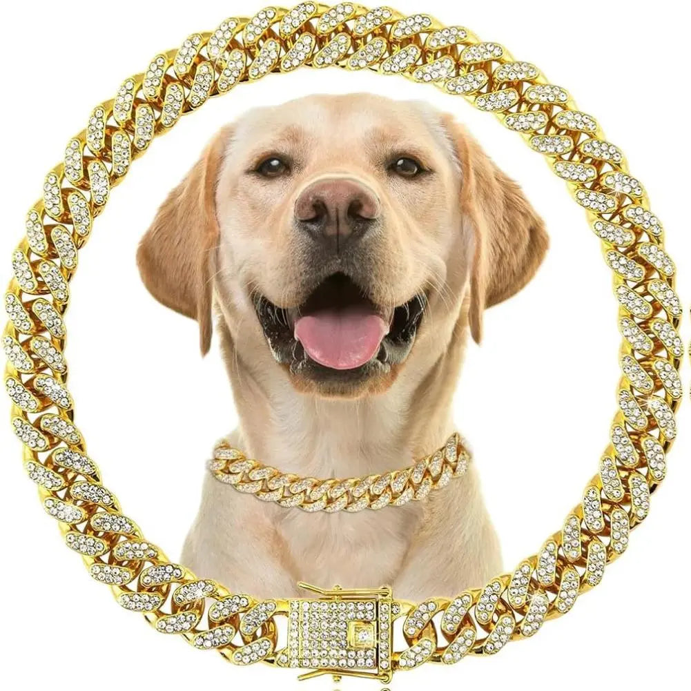 Sparkling Gold Rhinestone Dog Chain Collar - Bling Metal Cuban Link Necklace for Small to Large Pets
