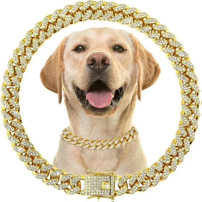 Sparkling Gold Rhinestone Dog Chain Collar - Bling Metal Cuban Link Necklace for Small to Large Pets