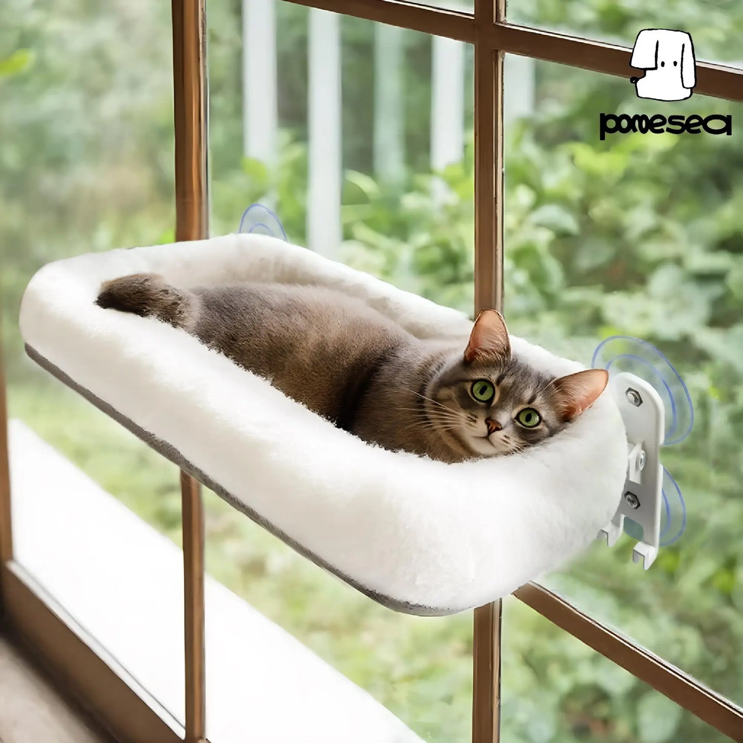 Deluxe Folding Cat Hammock - Cordless, Machine Washable with Robust Metal Frame & Strong Suction Cups - Perfect Window Perch for Cats & Small Dogs