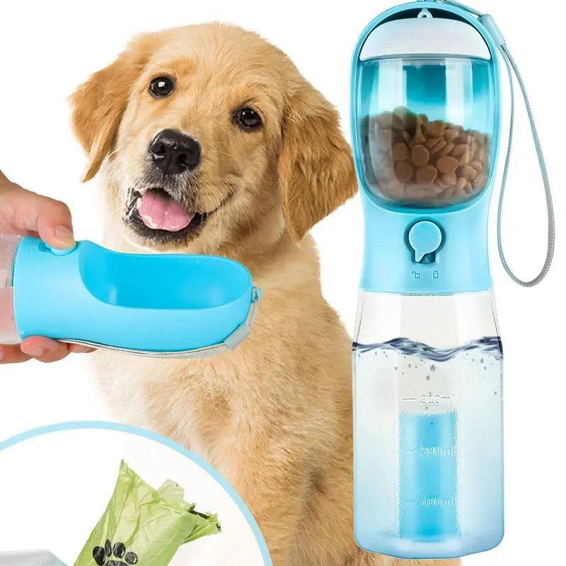 Ultimate 3-in-1 Portable Water Bottle for Dogs - Travel Bowl, Food Container & Poop Bag Holder - Perfect for Outdoor Adventures - 20Oz Blue