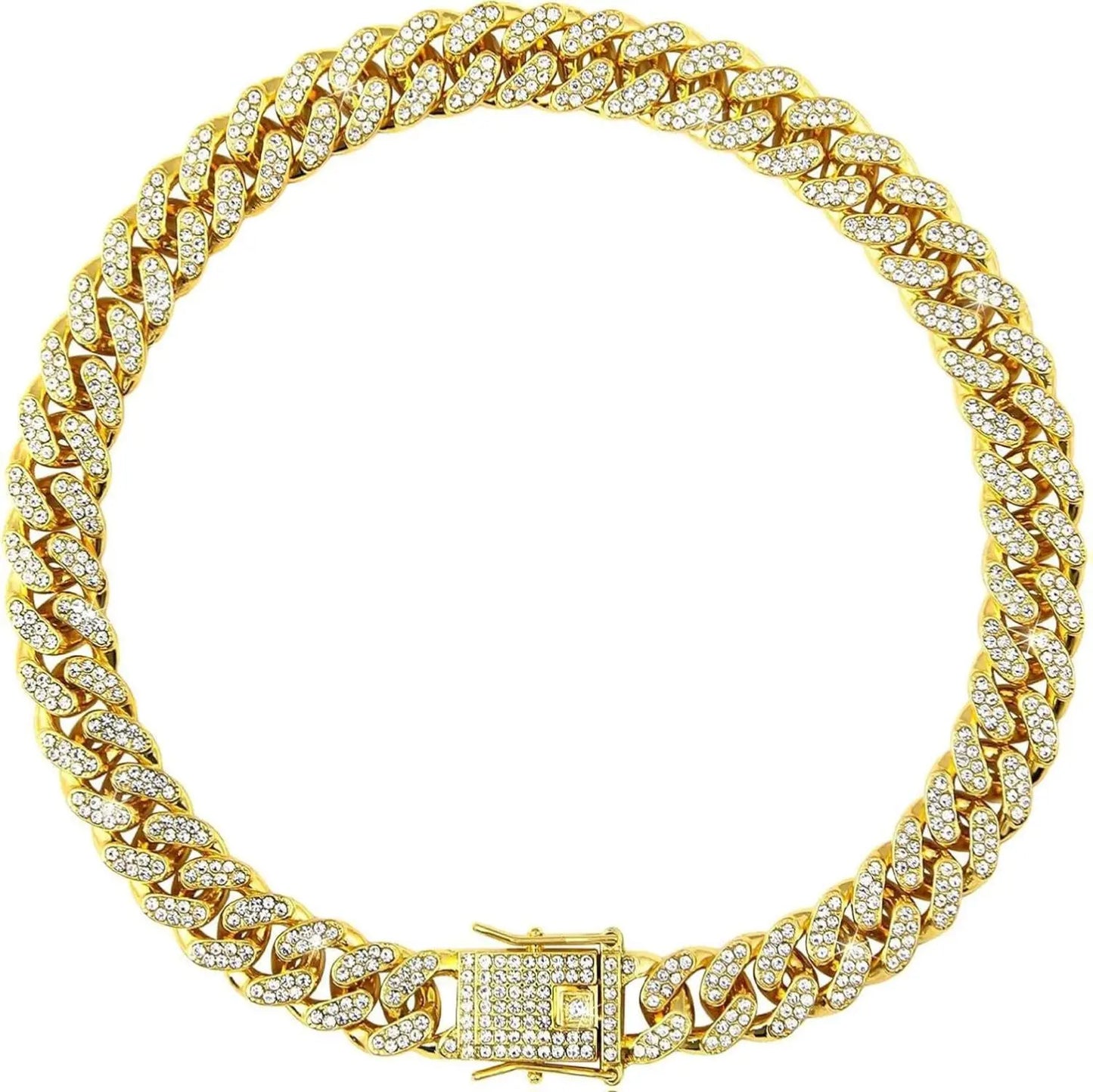 Sparkling Gold Rhinestone Dog Chain Collar - Bling Metal Cuban Link Necklace for Small to Large Pets