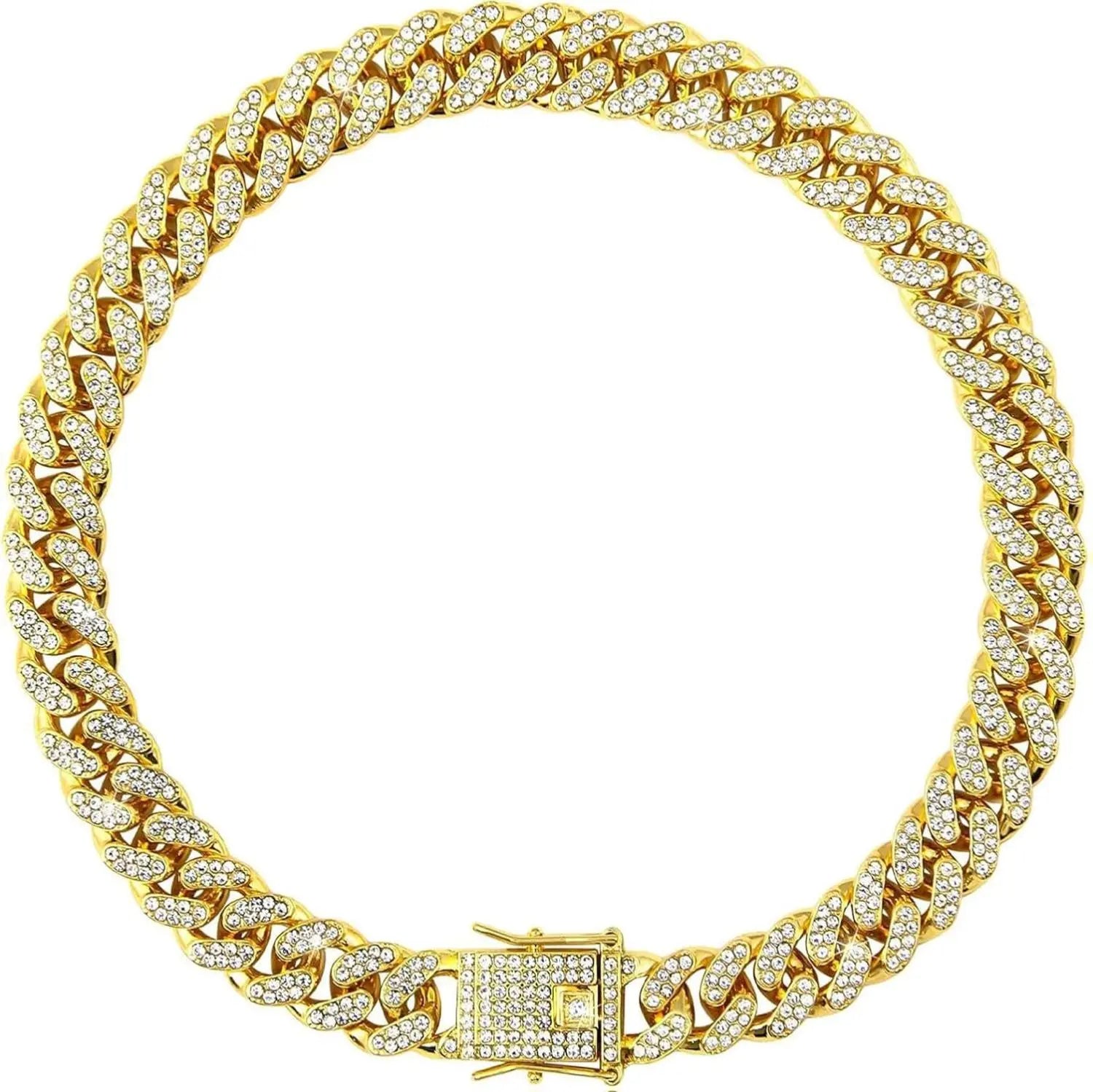 Sparkling Gold Rhinestone Dog Chain Collar - Bling Metal Cuban Link Necklace for Small to Large Pets