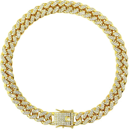 Sparkling Gold Rhinestone Dog Chain Collar - Bling Metal Cuban Link Necklace for Small to Large Pets