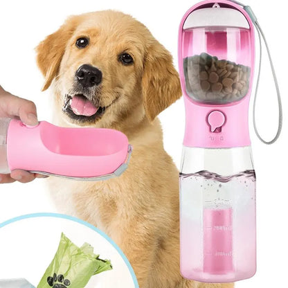 Ultimate 3-in-1 Portable Water Bottle for Dogs - Travel Bowl, Food Container & Poop Bag Holder - Perfect for Outdoor Adventures - 20Oz Blue