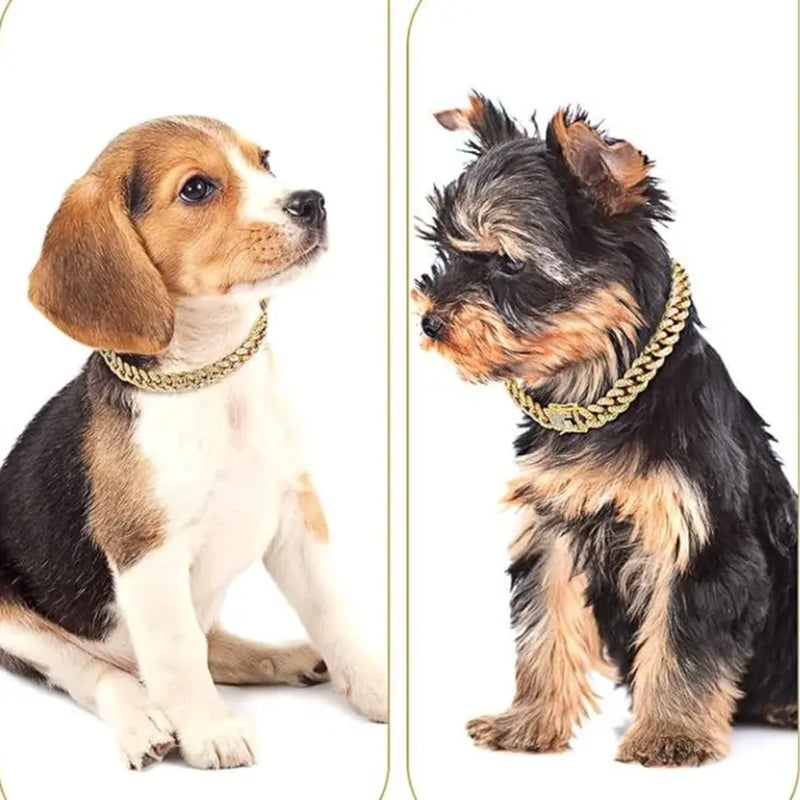 Sparkling Gold Rhinestone Dog Chain Collar - Bling Metal Cuban Link Necklace for Small to Large Pets