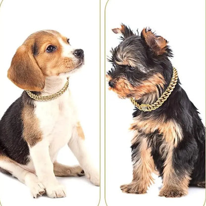 Sparkling Gold Rhinestone Dog Chain Collar - Bling Metal Cuban Link Necklace for Small to Large Pets